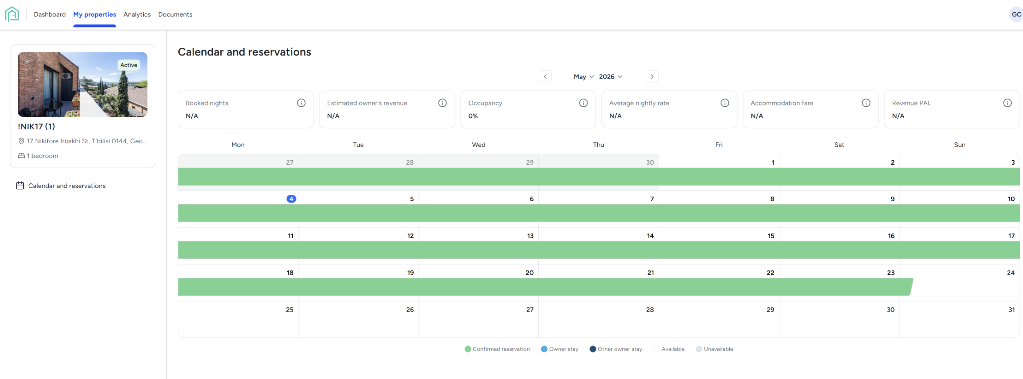 Guesty owner calendar showing reservations in May 2026